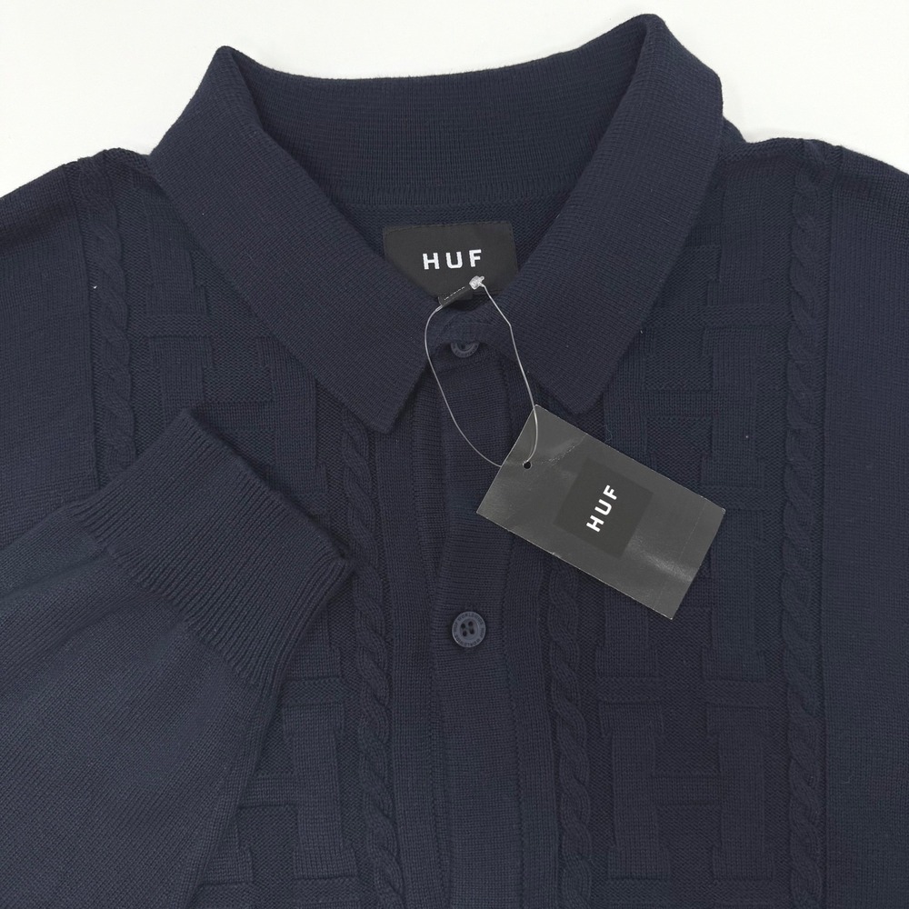HUF Towner Long Sleeve Knit Top Navy Blue Monogram Cable Polo Sweater Large NEW